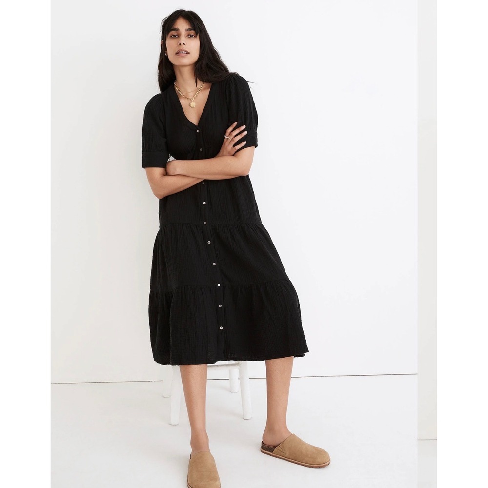 Madewell Lightspun Button Front Tiered Midi Dress Grey Oversized Gauze Pockets